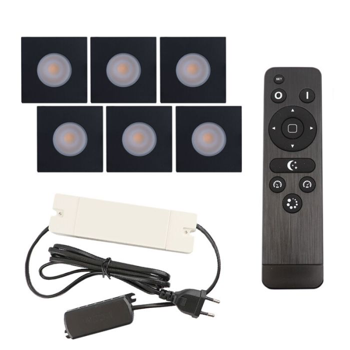 6 vierkante zwarte veranda inbouwspots Dico, IP65, incl. aansluitset en afstandbediening