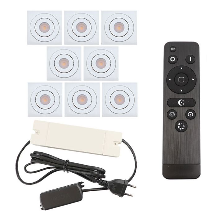 8 kantelbare veranda spots Rona vierkant, IP44, met aansluitset en afstandsbediening, wit
