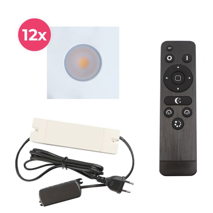 12 vierkante witte veranda inbouwspots Dico, IP65, incl. aansluitset en afstandbediening