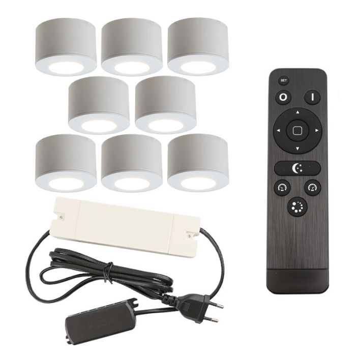 8 ronde witte veranda opbouwspots Vasso, IP44, incl. aansluitset en afstandbediening