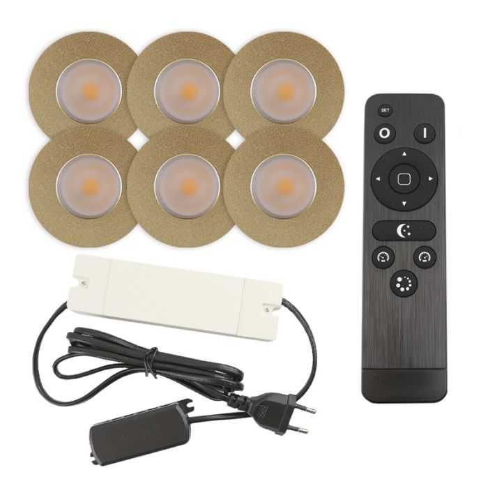 6 messing veranda inbouwspots Dico, IP65, incl. aansluitset en afstandbediening