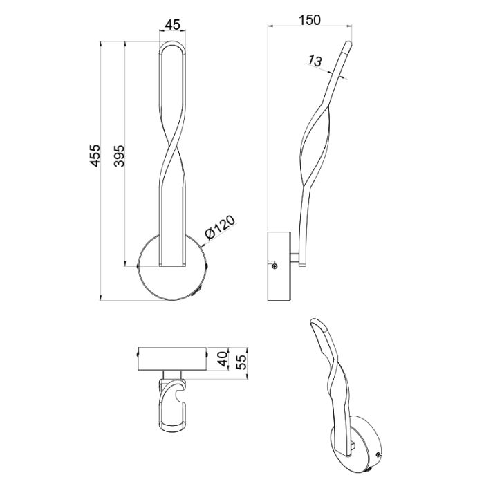 Zwarte wandlamp design, Quirinus, 11W, 4000K LED, met schakelaar