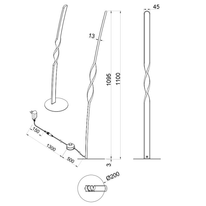 Bruine vloerlamp design, Quirinus, 19W, 4000K LED, met schakelaar