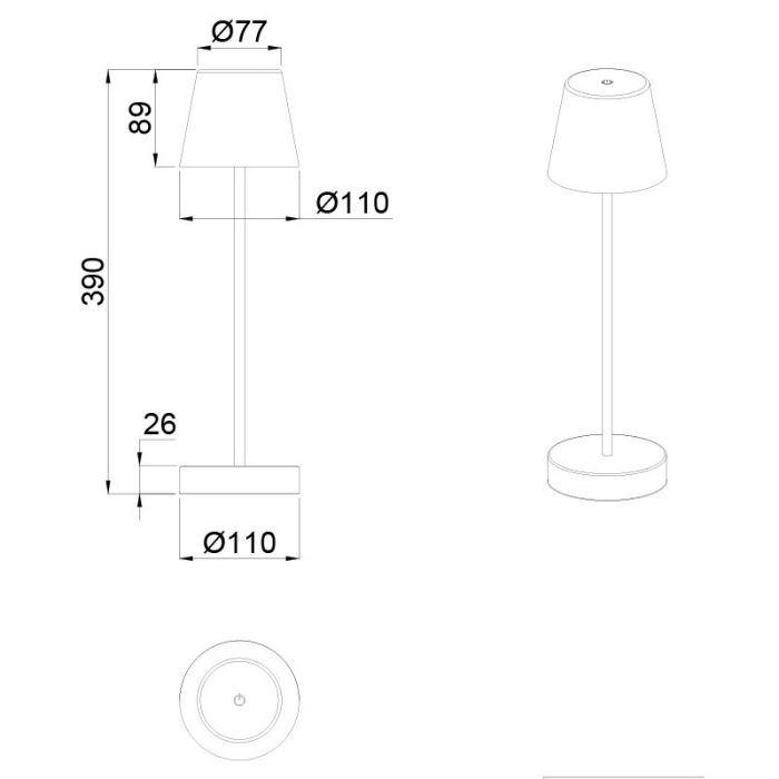 Witte oplaadbare tafellamp kunststof, Suman, 2W, warm tot koud wit verstelbare LED, IP44, met touchdimmer