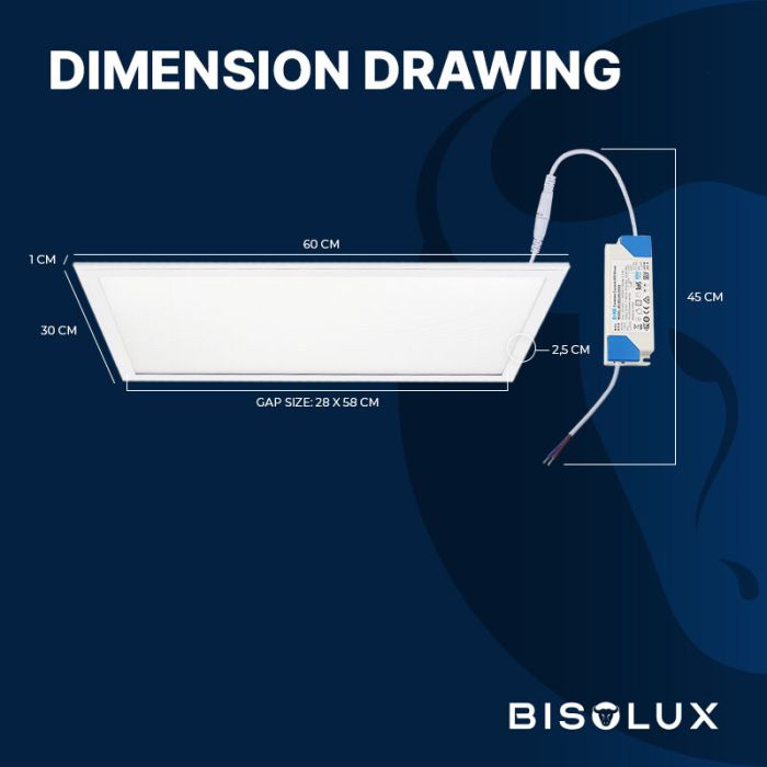 Bisolux LED paneel 30x60 - 24W - 6000K - UGR<19 - side-lit
