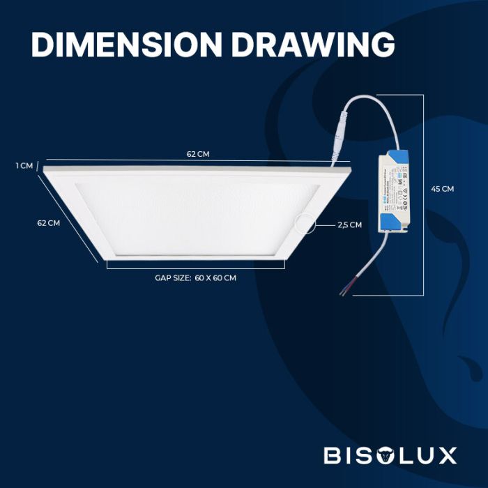 Bisolux LED paneel 62x62 - 38W - 4000K - dimbaar - UGR<19 - side-lit